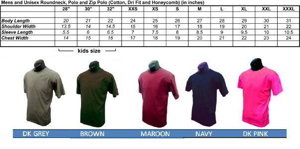 T-shirt sizes